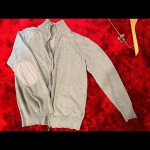 Grey Leather Elbow Patch Knit Zip Sweater